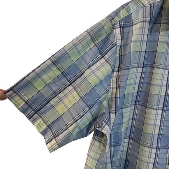 George Short Sleeve Button Up Collared Shirt 2XL Mint Green Light Blue Plaid Top - Picture 5 of 6